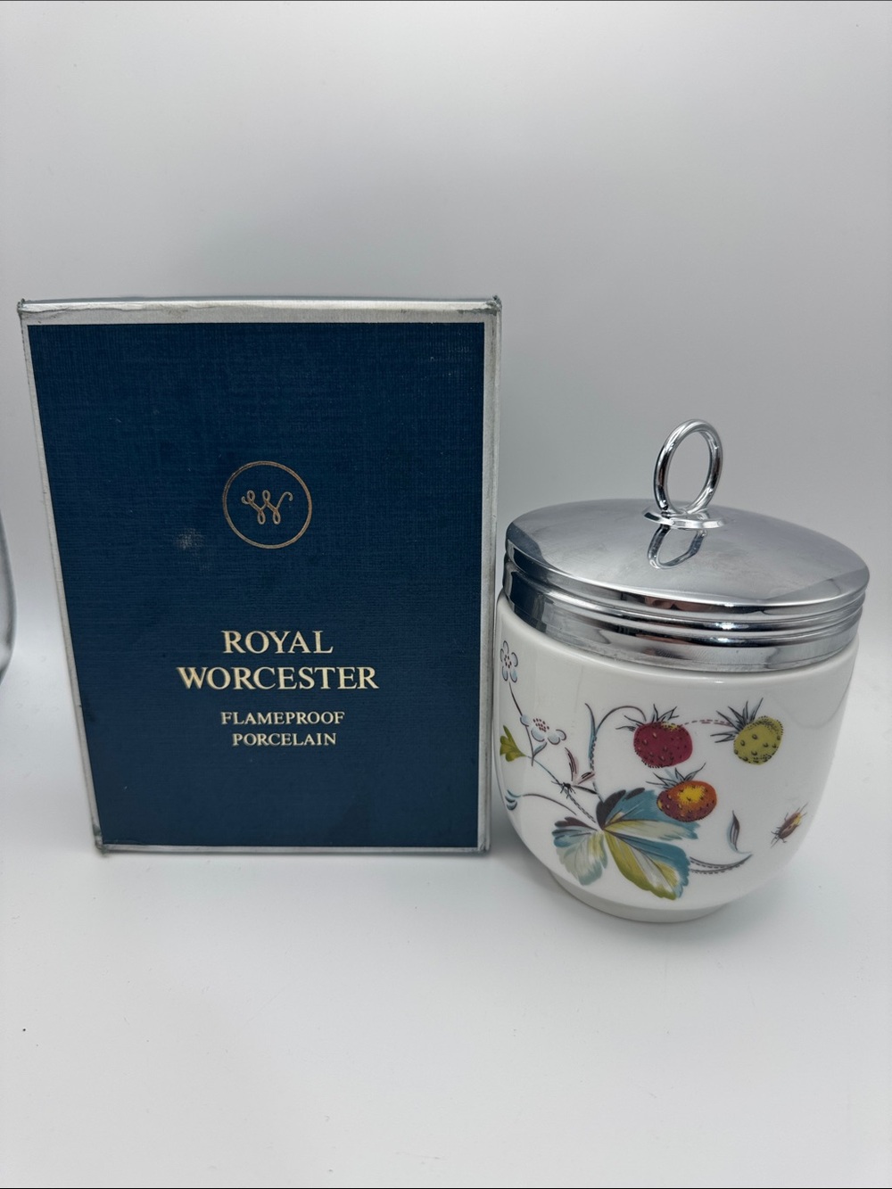 Royal Worcester White Porcelain Lidded Jar with Fruit and Floral Accents 4”